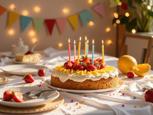 生日庆祝场景，生日蛋糕和气球装饰，烛光闪烁，温馨的庆祝氛围