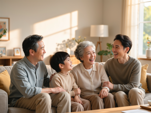 家庭聚会场景，三代同堂的温馨画面，客厅背景，暖色调灯光